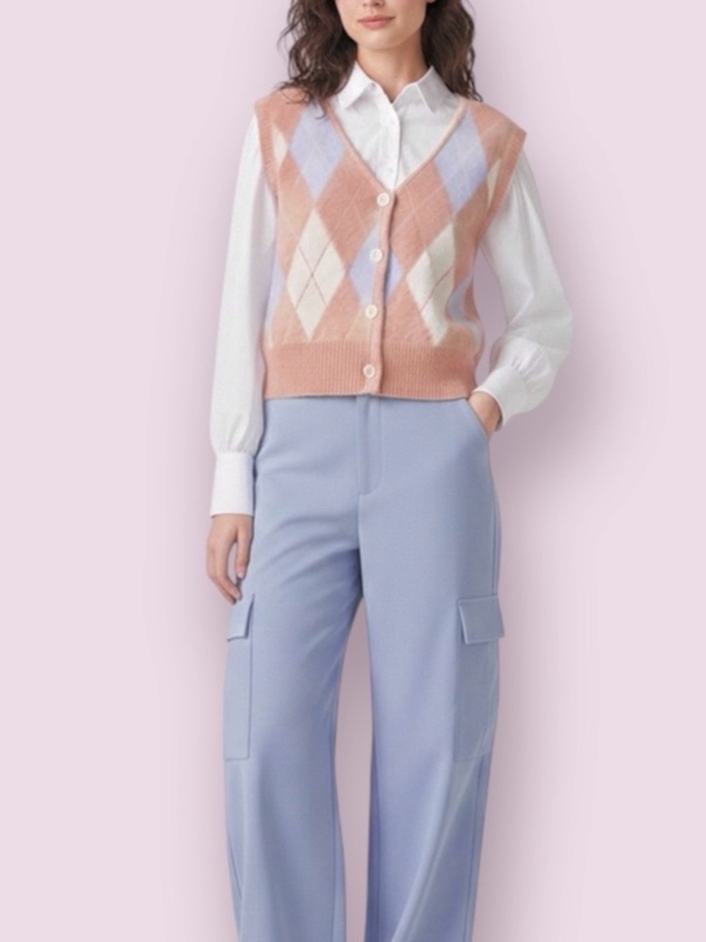 🟠NWT HEM & THREAD Argyle Knit Sweater Vest in Mauve/Baby Blue